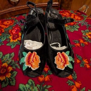 Miss L Fire Floral Embroidered Black Velvet Women's Shoes